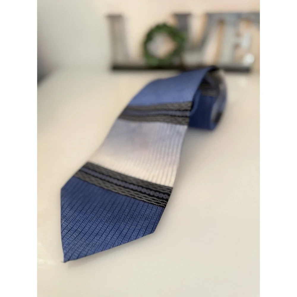 Steven Land 100% Silk Neck Tie Blue Gray‎ Black Striped Wide Handcrafted Korea